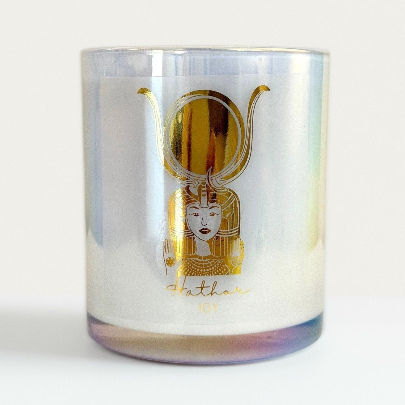Iridescent candle with gold illustration of Goddess Hathor