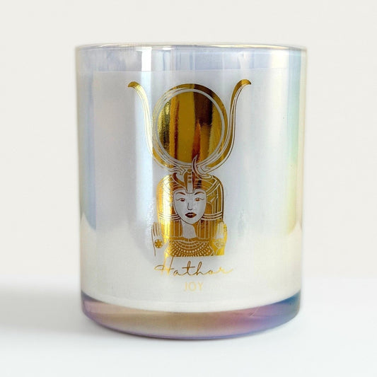 Iridescent candle with gold illustration of Goddess Hathor